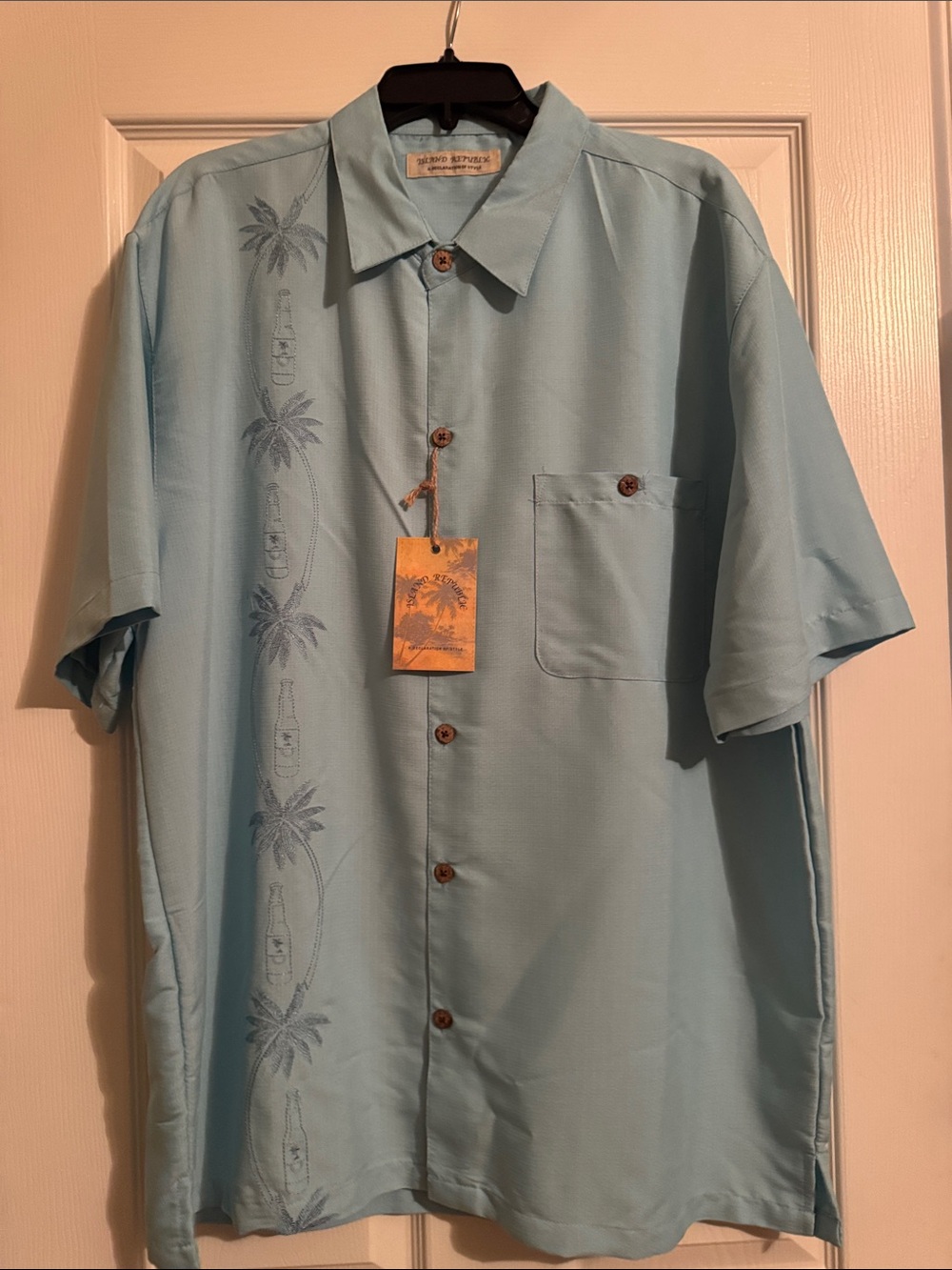 Island Republic Pale Blue Short-Sleeve Button-Up Shirt with Palm Embroidery